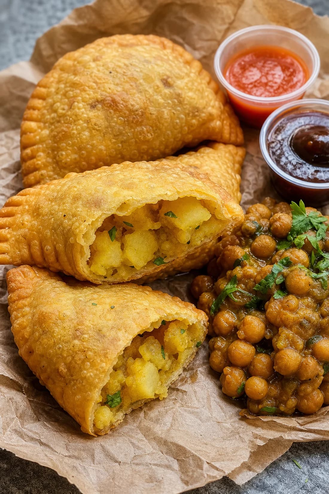 Aloo pie with channa and pepper sauce