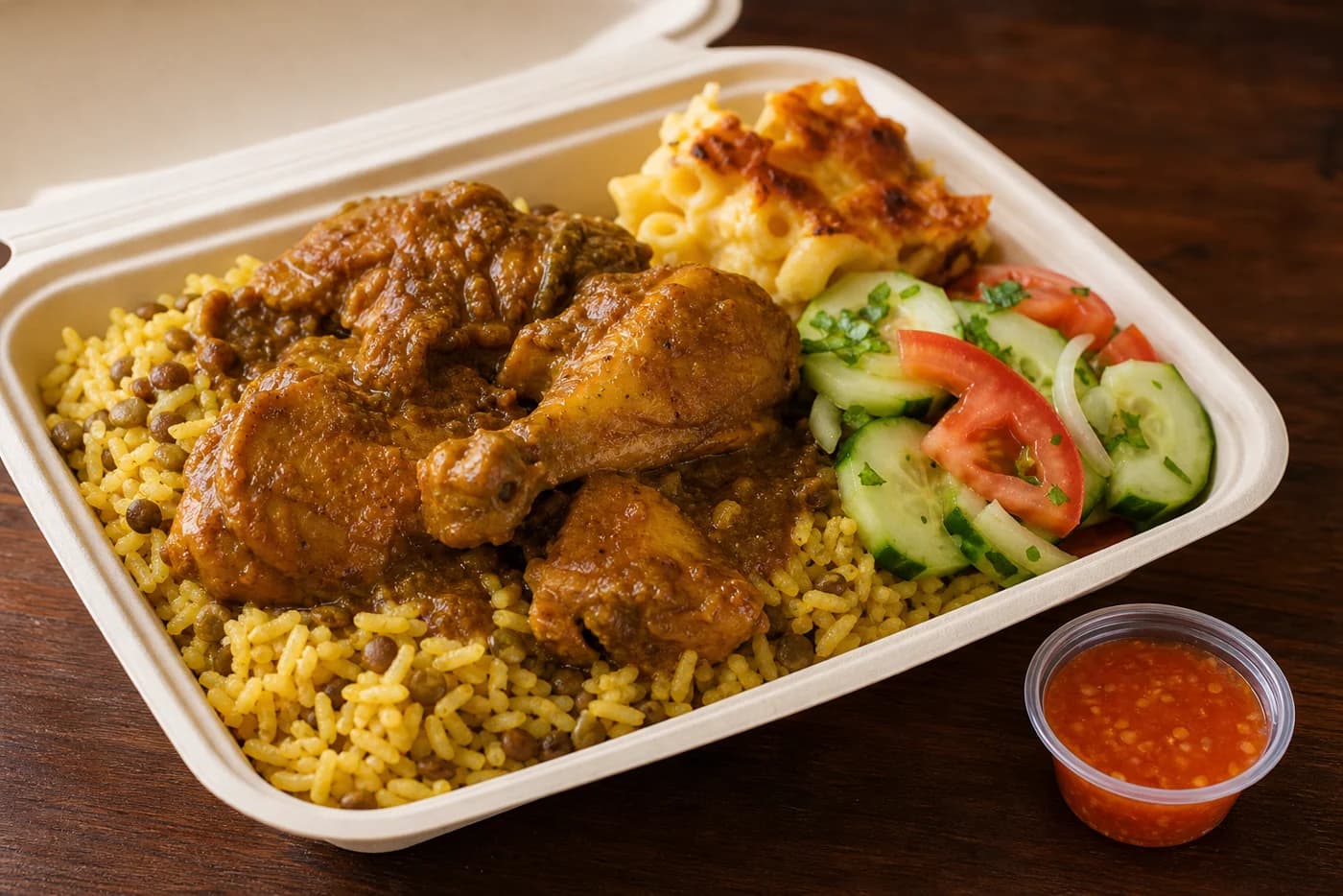 Saturday curry chicken lunch box with rice and salad