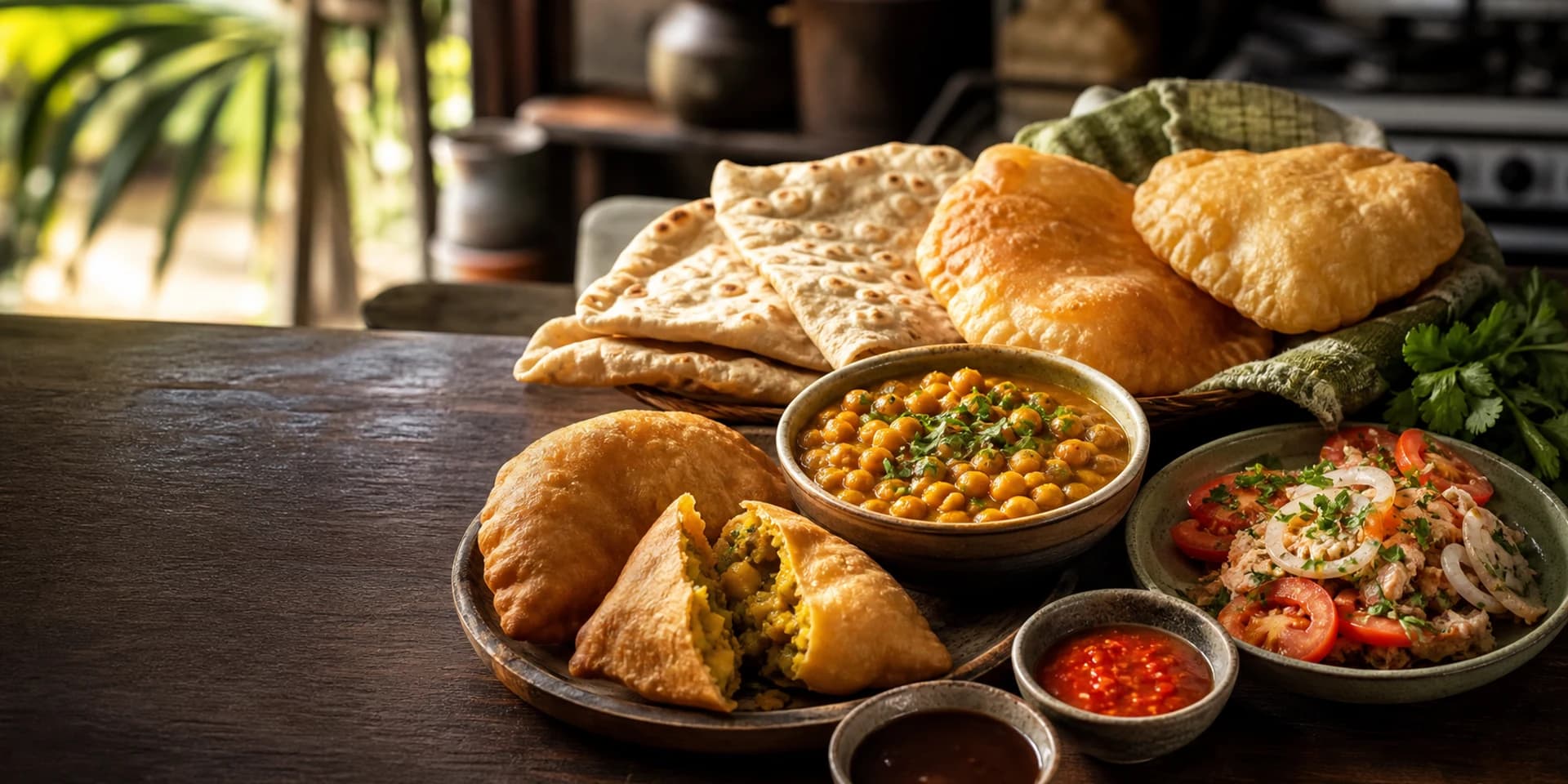 Trinidadian breakfast spread with sada roti, fry bake, aloo pie, channa, saltfish, and pepper sauce